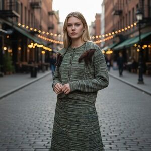 VTG Lady Anne Knit Sweater Coord Skirt‎ Set Women's S Green W/ Mink Tails Barbie